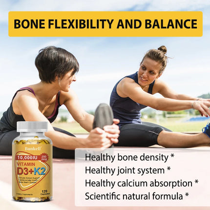 Bunkell Vitamin D3 + K2 with Coconut MCT Oil, Vegan D3 10000 IU with K2 200 Mcg for Bone & Immune Health, Non-GMO, Gluten-Free