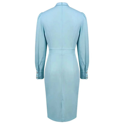 Women's Slim Dresses Bow Neck Puff Sleeve Solid Blue Belted Dress Elegant Dress Spring Summer Chic Dress Formal Work Dress