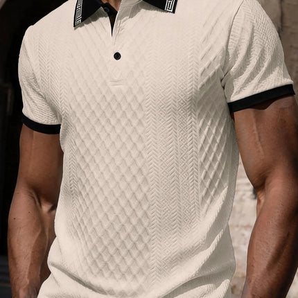 Men's casual sports jacquard short sleeved button polo shirt with a lapel knit top