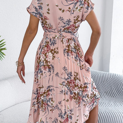 Elegant Floral Print A Line Dress with Belted Pleated Skirt Short Sleeve Women's Casual Dresses