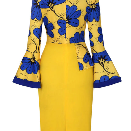 Women Long Sleeves Ethnic Floral Print Round Neck Autumn Knee Length Bodycon Dress Fashion Casual Commuter Party Pencil Dress