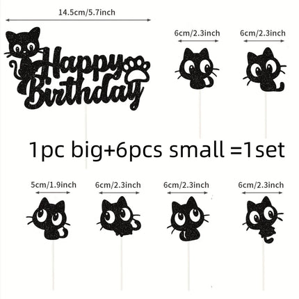 Black Cat Cake Topper Happy Birthday Kids Party Oh Baby Shower Animal Them Cupcake Topper Flags Decoration Baking Supplies DIY