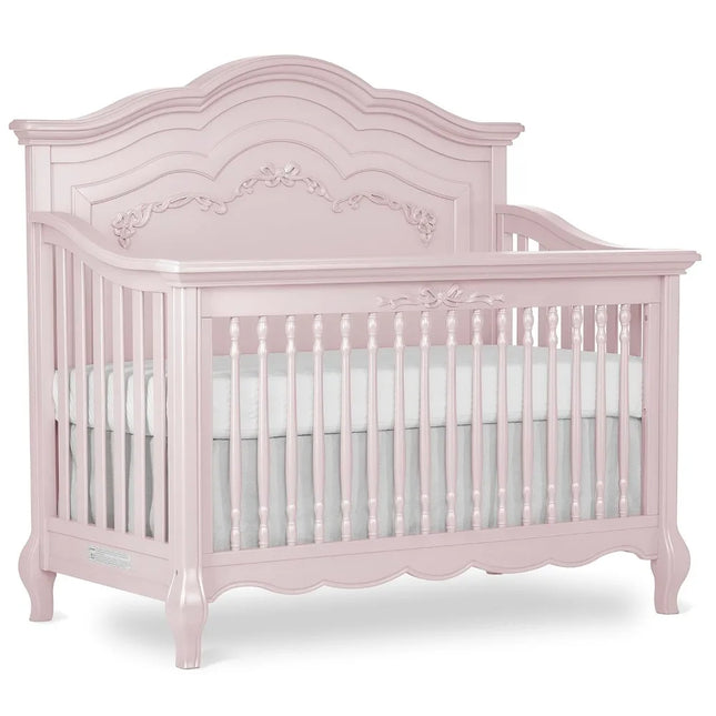 Convertible Baby Crib to Toddler and Full Size Bed with Adjustable Mattress Height Daybed Ribbon Bow Scrollwork Queen Anne
