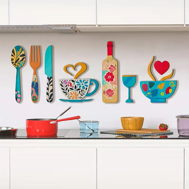 7-piece creative wooden wall decor set, featuring fork, cup and wine glass patterns - suitable for kitchen wall decoration.