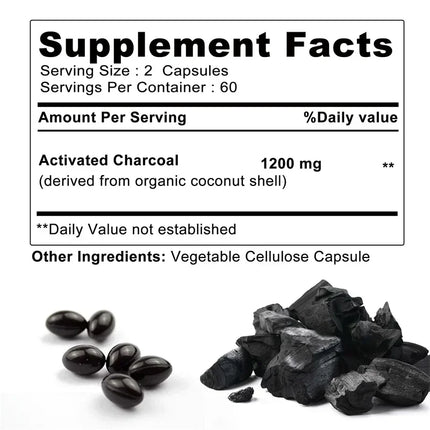 Activated Charcoal Capsules 1200 Mg - Supports Intestinal Health, Digestive Health, Relieves Bloating, and Improves Immunity