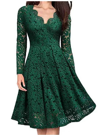 Women Lace A-Line Dress Spring Autumn V Neck Long Sleeve Lace Crochet Patchwork WineRed Slim Party Dresses JYFS-JY8858