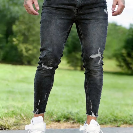 Trendy Products in Europe And America, Men'S Retro Trendy Ripped Jeans, Men'S Skinny Stretch Jeans, American Casual Street Style, Versatile Black, Distressed Details, Suitable for All Seasons, Fashionable Jeans