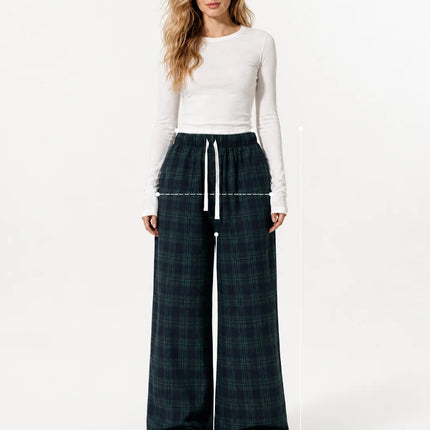Women Plaid Wide Leg Pants, Elastic Waist Drawstring Loose Baggy Trousers Casual Comfy Lounge Pants for Daily Streetwear