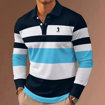 Men's striped rugby polo long-sleeved collar shirt casual school outdoor sports casual 3d printing spring, autumn and winter