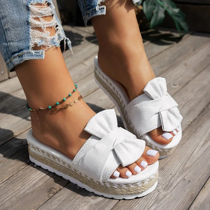 2026 Fashion Bow Decor Thick Soled Casual Women's Slippers Summer New Solid Comfort Casual Elegant Women Shoes Claquette Femme