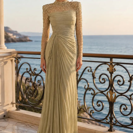 SESSRYMNIR Women'S Formal Evening Gowns Customize Scoop Neck Beading Luxury Evening Dresses Long Sleeves Straight Floor-Length