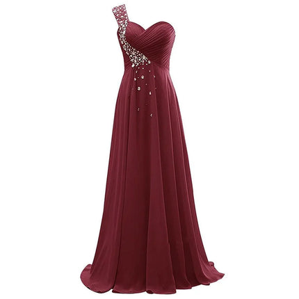 A Line Chiffon One Shoulder Bridesmaid Dresses Crystals Beading Pleat Elegant Wedding Party Formal Prom Evening Corset Back