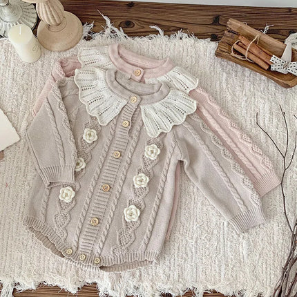 New Infant Baby Girls Knitted Jumpsuit Autumn Winter Children Knitted Clothes Long Sleeve Sweet Flower Rompers