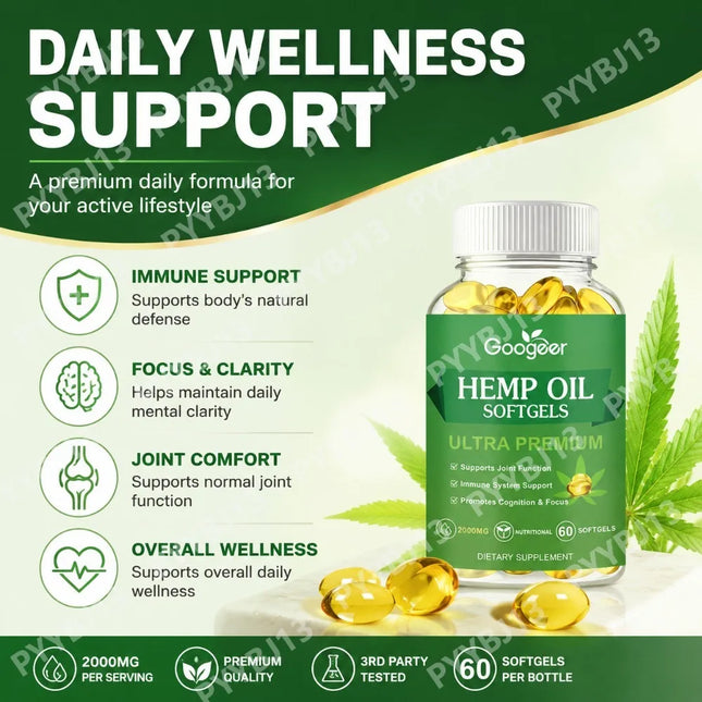GOOGEER Hemp Seed Oil Softgels Omega 3 6 9 Fatty Acids Vitamins Zinc Selenium Daily Wellness Nutritional Supplement 60 Softgels