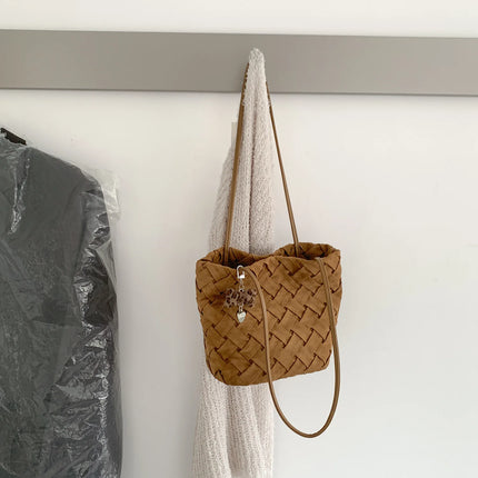 Vintage Hand Woven Checkered Shoulder Bag for Women Fashion New Korean Style Tote Bag Versatile Simple Bucket Bag