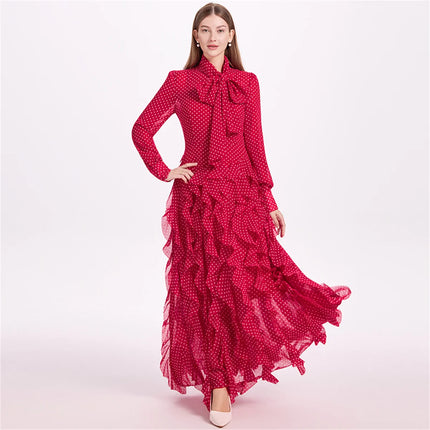 Autumn Long Sleeve Maxi Dress Women Chiffon Bow Lace-up Big Bottom Prom Evening Dresses Formal Occasion Wedding Party Vestidos