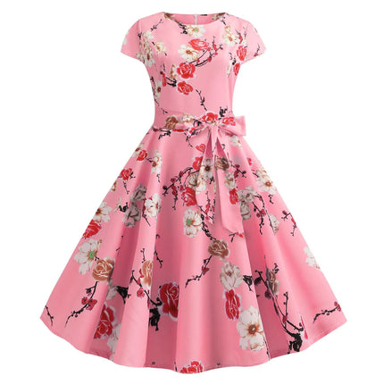 Women Summer Dress Floral Print Vintage 1950s 60s Rockabilly Party Dresses Retro Chic Short Sleeve Bow Belt A Line Vestido Mujer
