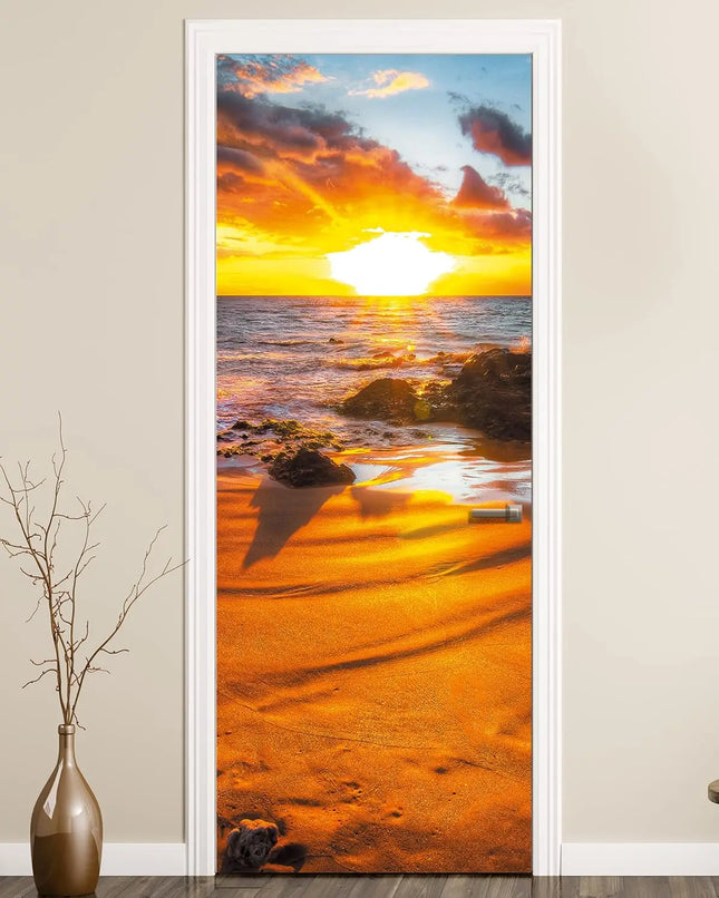 Beach Sunset Door Sticker, 3D Ocean Scenery PVC Waterproof Self-adhesive Mural, Removable Home Decor