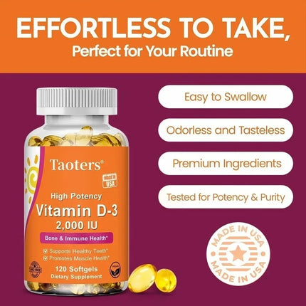 Vitamin D3 2000IU - Muscle Health, Strong Bones and Nervous System Health, Support Immune