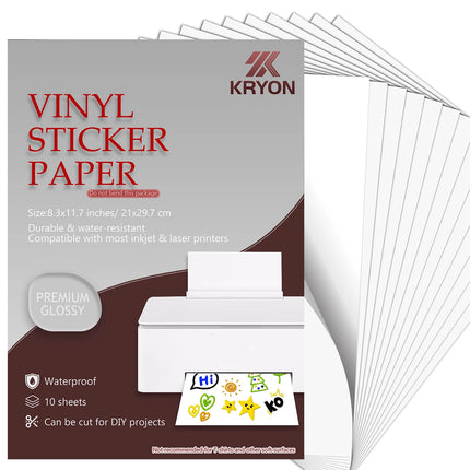 Glossy White Printable Vinyl Sticker Paper 10/20 Sheets for Inkjet Printers Water-Resistant Adhesive Label Paper 8.3x11.7 Inch