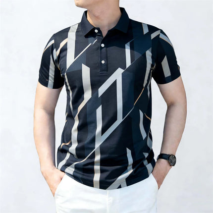 Men's Casual Color-blocked Striped Polo Shirt Business Casual 2026 Summer Stripe Print Polo Classic Style Outdoor Breathable