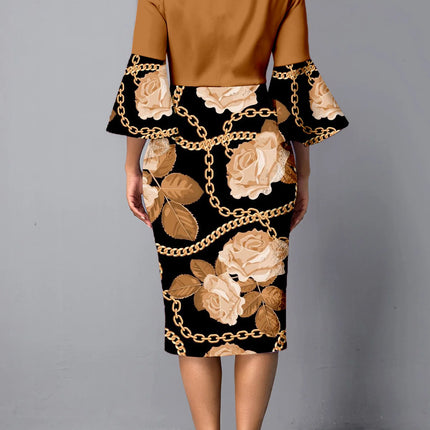 Midi Dress Spring Summer Women Brown Off Shoulder Flare Sleeve Floral Chain Print Bodycon Elegant Office Party Date Dress