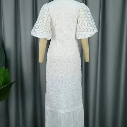 White Lace Dresses for Women Wedding Guests Elegant Turn Down Collar Puff Sleeves Pleated Hem Midi Dress Luxury Occasion Clothes