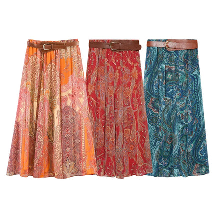 Summer New Skirts Women's 2026 New Fashion Retro Print High Waist Skirts Chic Summer Travel Joker Holiday Women's Skirts