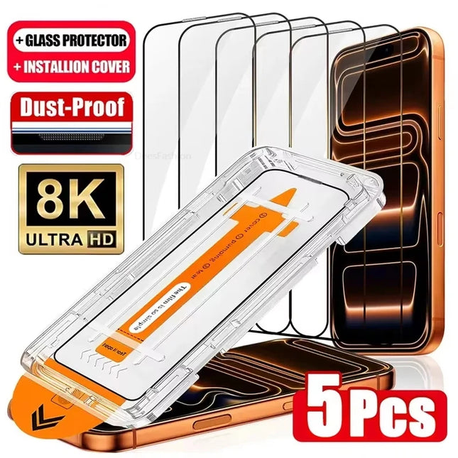 1-5Pcs Ultra HD Dust Free Screen Protector For iPhone 17 16 15 13 11 12 14 Pro Max 16e 7 8 Plus SE 17 Air Glass Easy Install Box