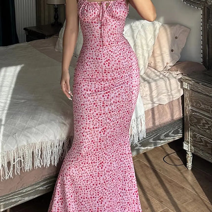 2025 Summer Floral Midi Dress Women Spaghetti Strap Tie-up V-neck Split Dress Sexy Vintage Elegant Dresses Female