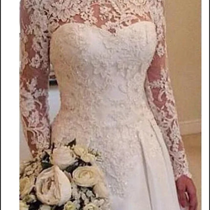 2026 New Arrival Long Sleeve Satin Lace Wedding Dress Elegant Applique Floor Length Modest Bridal Gown for Women Church Wedding