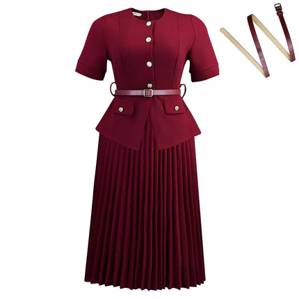 Women's Plus Size Spliced Pleated Dress Summer New Round Neck Solid Color Maxi Dress