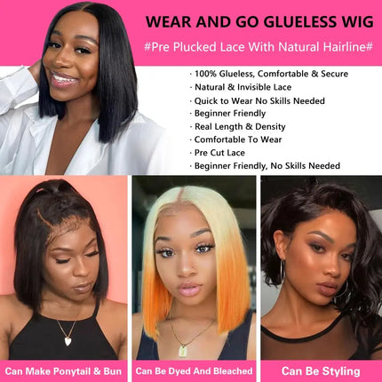 Wear And Go Glueless Wigs Human Hair Bob Straight Pre Cut Lace Front Wigs Human Hair Upgraded No Glue Lace Front Wigs For Women