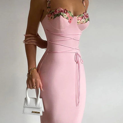 Y2K Sexy Sleeveless Backless Floral Maxi Long Dresses Outfits for Women Summer Lace Up Bandage Bodycon Party Club Dress Gift