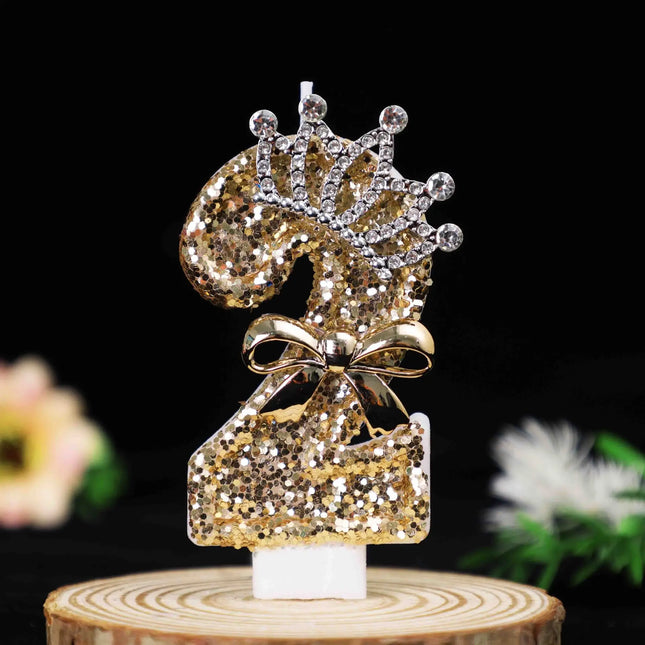 0-9 Gold Glitter Crown Number Birthday Candles, Rhinestone Bow Cake Topper for 18th Birthday, Party, Wedding, Anniversary Decor