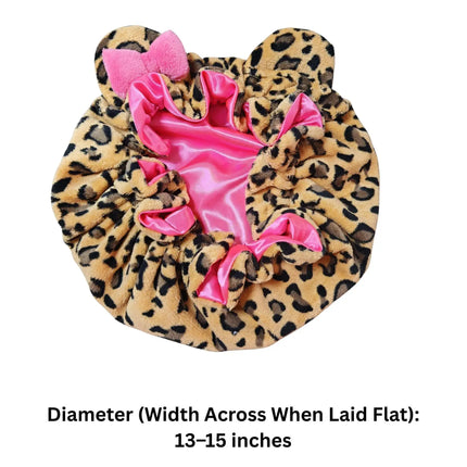 Leopard Print Teddy Plush Hair Bonnet with Big Bow, Satin Lined Soft Fluffy Night Sleep Cap, Adjustable Bear Ear Hair Wrap for W