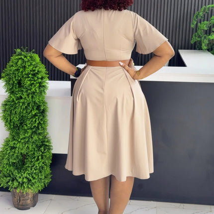 Fashion African Dresses for Women V Neck Short Sleeve Belt Waisted Pleated Mid Calf Elegant Ladies Birthday Party Dinner Dress