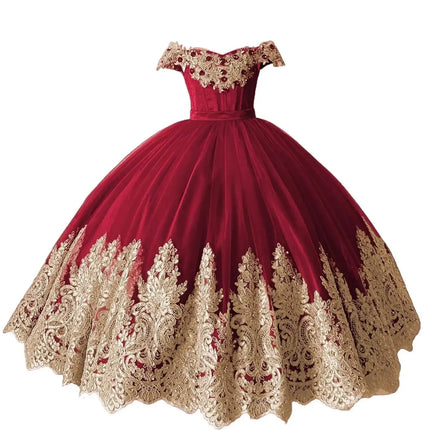 Customized Red Flower Girl Dresses For Wedding Gold Appliques Crystal Luxury Princess Formal Events Holy First Communion Gown