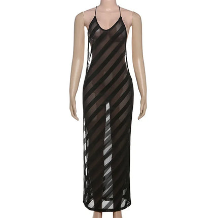 Mesh See Through Sexy Halter Party Club Maxi Split Dress Outfits Women Summer Sleeveless Backless Bodycon Long Dresses Vestido