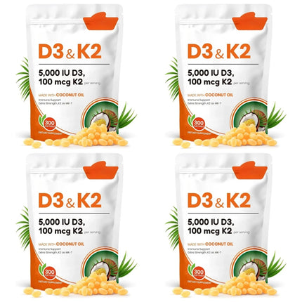 Vitamin D3 K2 Softgels with Coconut Oil, 5000 IU D3 & 100 mcg K2 MK-7, Daily Bone Wellness Support for Men & Women, 300 Count