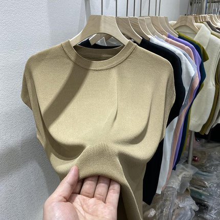 Women's T-shirt Summer O Neck Knitted Fashion Woman Blouse 2026 Short Sleeve Tees Solid Color Ice Silk Oversized T-shirt Women