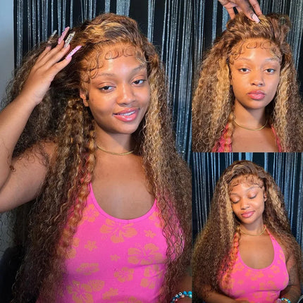 Highlight Curly Bob Wig Human Hair Deep Wave 13x4 HD Lace Front Wigs For Black Women Human Hair Pre Plucked Wear And Go Glueless Wet And Wavy Ombre Honey Blonde 4/27 Colored Wigs 26Inch