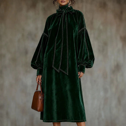 Women Solid Velvet Maxi Dress Bow Tie High Neck Lantern Long Sleeve Loose Dress Elegant Fall Winter Office Evening Party Dresses