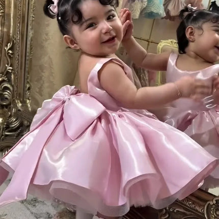 Wedding Mini Flower Girl Dress 2026 Satin Sleeveless Backless Bow Short Tutu Dress Baby Princess Dress Formal Party Dress Custom
