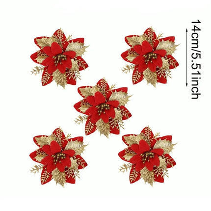 Christmas Glitter Artificial Flowers Christmas Tree Hanging Ornaments Fake Flower for Home 2026 Xmas New Year 2027 Navidad Gift
