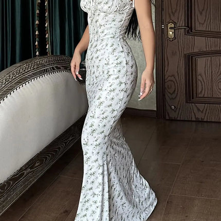 2025 Summer Floral Midi Dress Women Spaghetti Strap Tie-up V-neck Split Dress Sexy Vintage Elegant Dresses Female