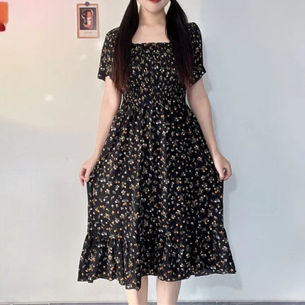 Spring Summer Elastic Waist Short Sleeve Chiffon Dress Women Casual Dresses Female Printed Floral Midi A-Line Dresses Vestidos