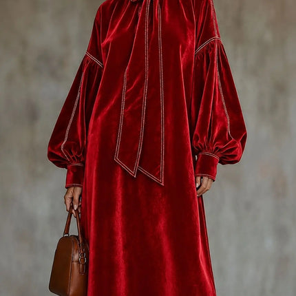 Women Solid Velvet Maxi Dress Bow Tie High Neck Lantern Long Sleeve Loose Dress Elegant Fall Winter Office Evening Party Dresses