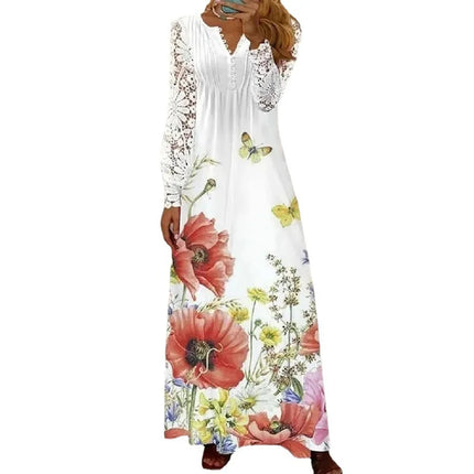 Spring/Summer Fashion Women's Long Sleeve Printed Lace Dresses Elegant Woman White V-neck Slim Fit Party Long Maxi Vestidos 3XL