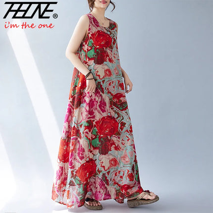 THHONE Summer Print Loose Women Robe Cotton Dress Sleeveless Casual Beach Style Long Ladies Womens Dresses Vestidos Para Mujer